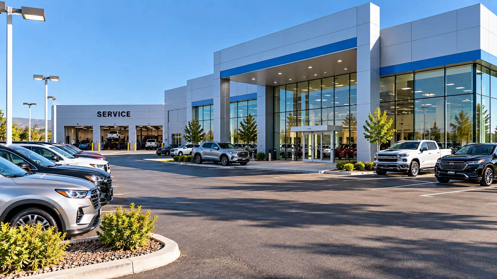 Car dealership exterior with showroom and vehicle lot