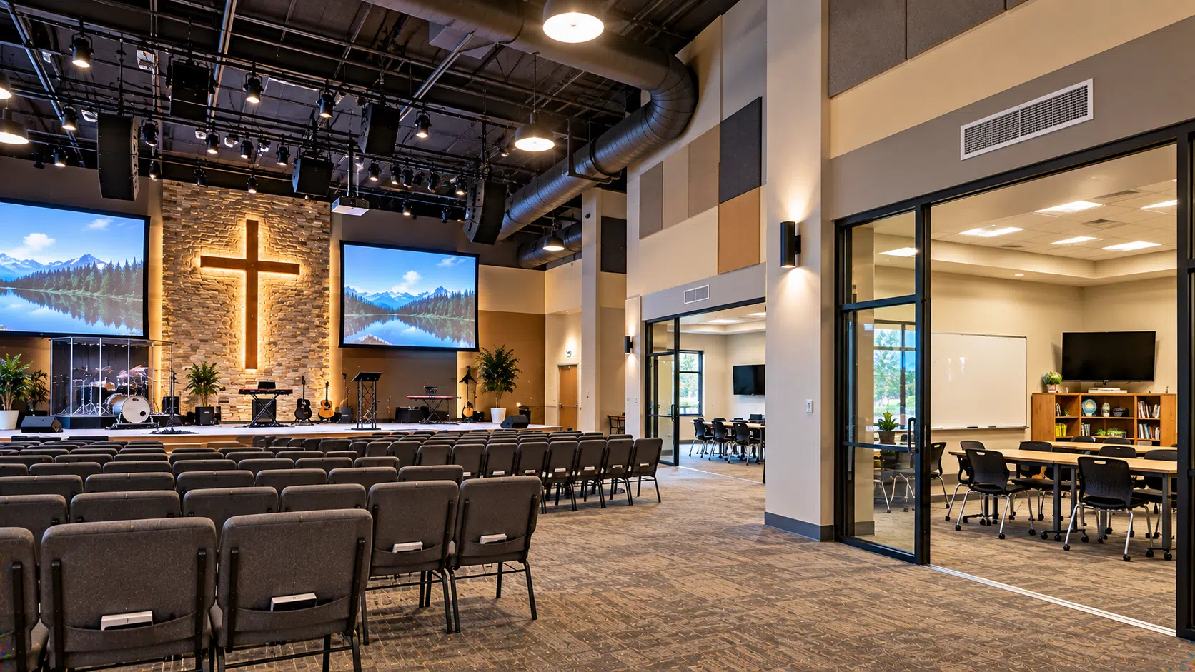 Modern church worship space and stage