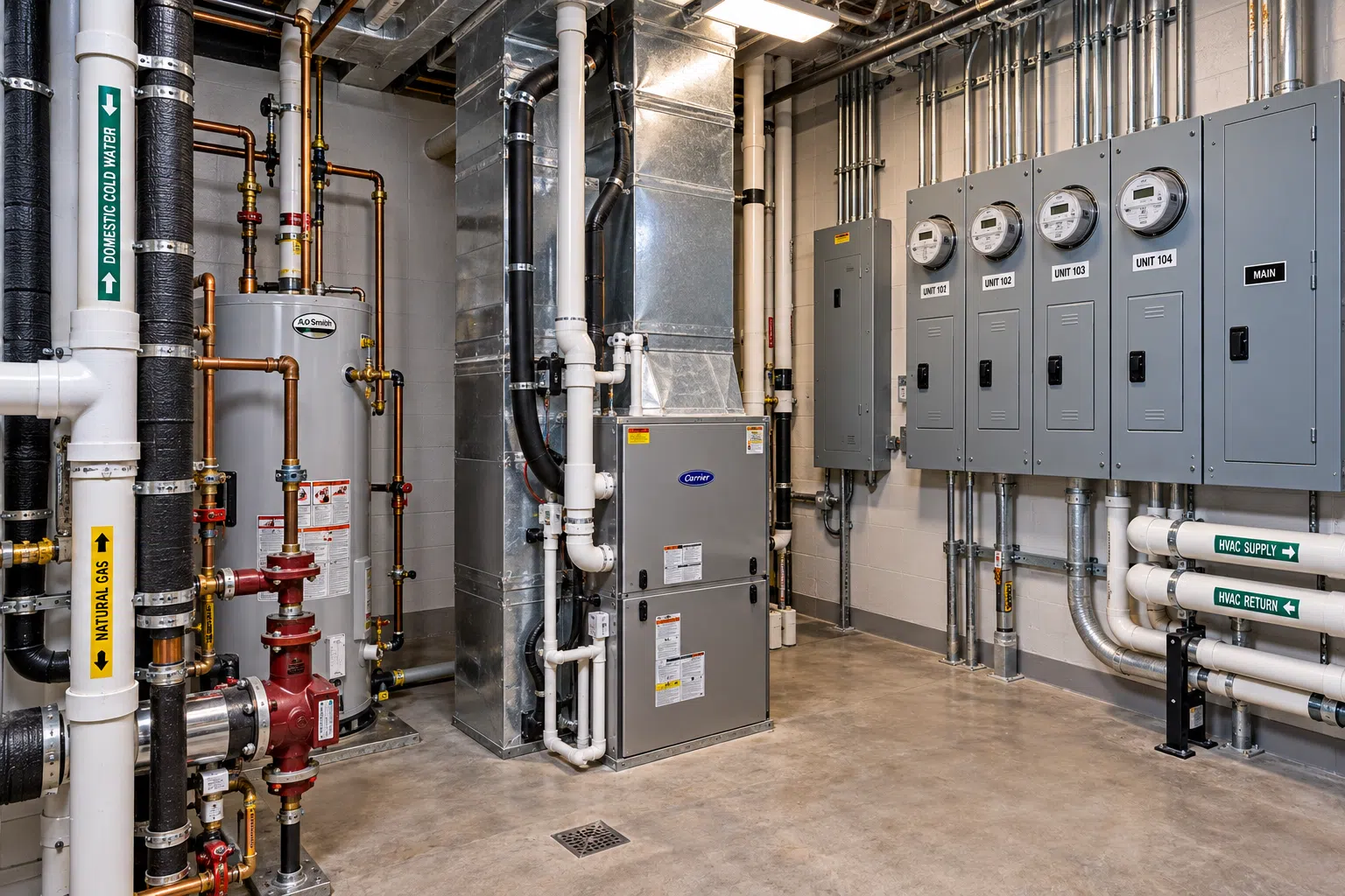 Multi-unit property electrical meters and mechanical equipment