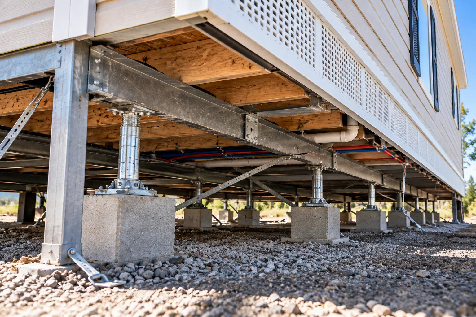 Manufactured home foundation supports and underfloor structure