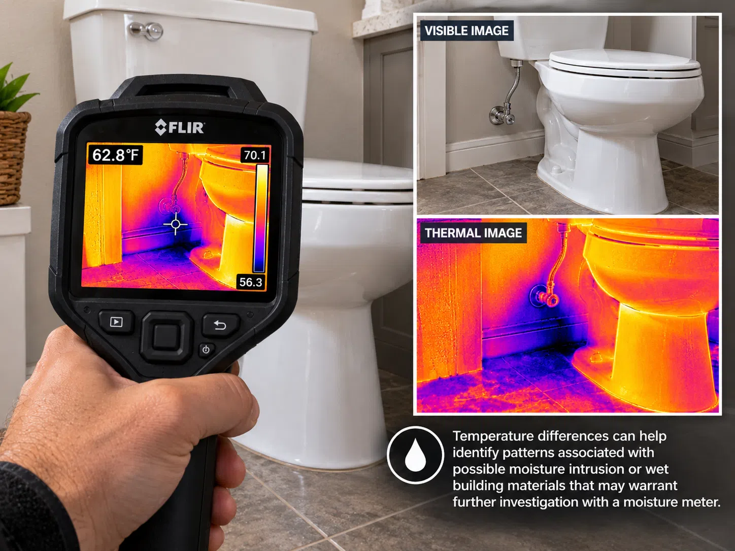 Thermal imaging camera scanning a toilet with infrared comparison image